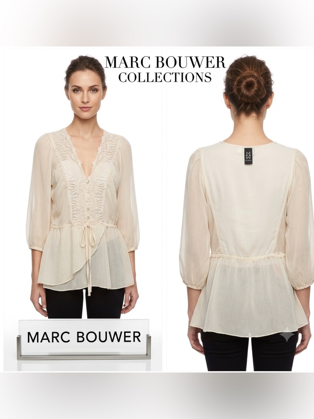Marc Bouwer Sheer Beige Peplum Lace Mother of Pearl Button Front Blouse XS